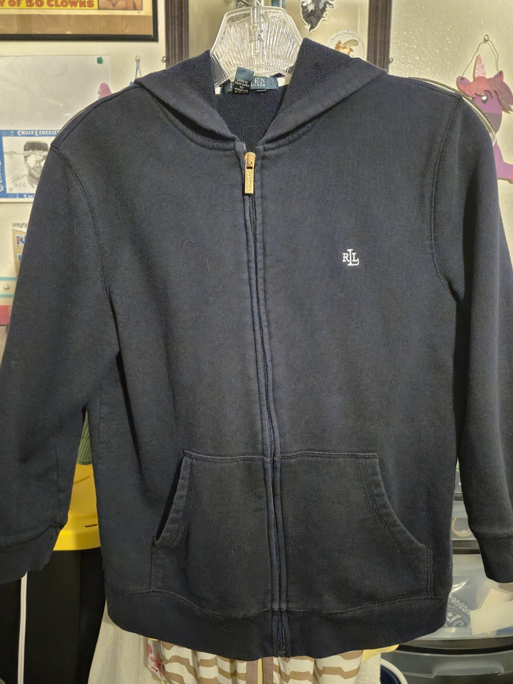 Ralph Lauren Womans Navy Zip-Up 3/4 Sleeve Hoodie Jacket Medium 100% Cotton